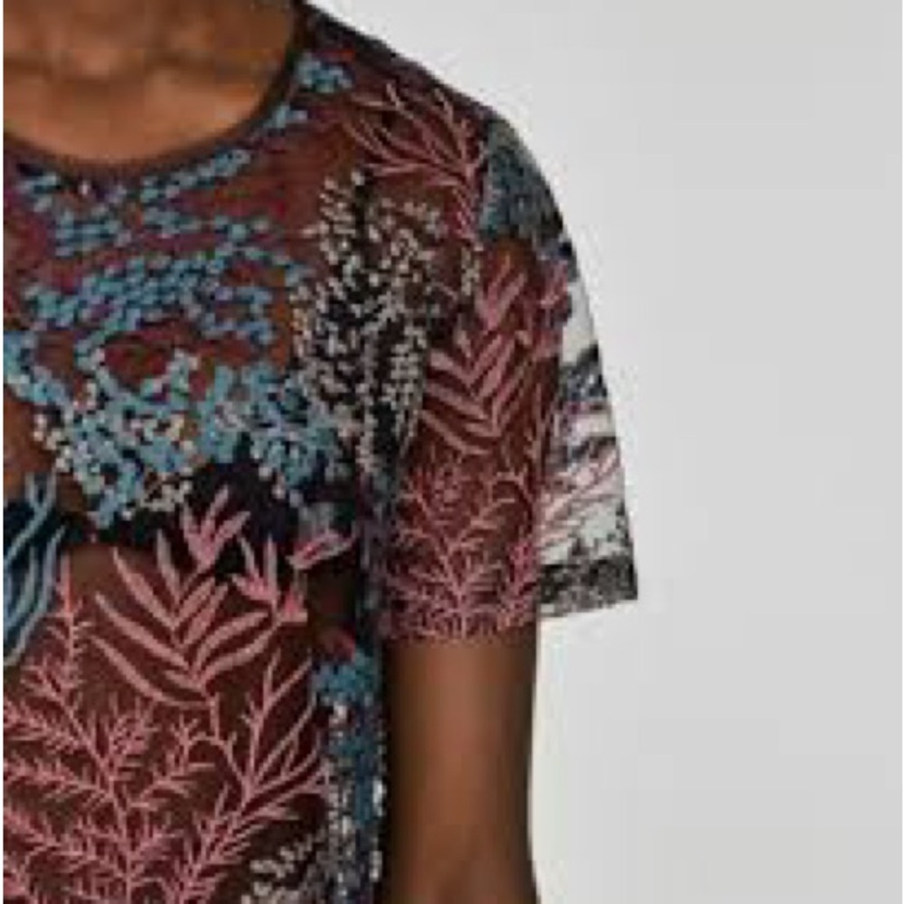 Zara Sz S Women’s Black Mesh Floral Embroidered Tulle Sheer Top - Picture 3 of 10